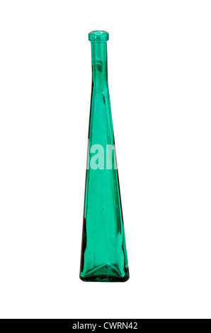 Tall green glass vintage bottle isolated on white background. Stock Photo