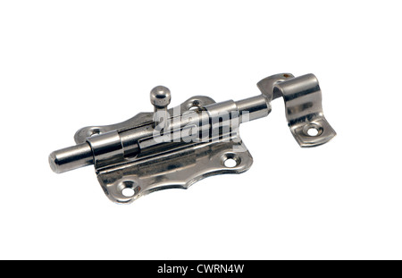 Simple mettallic door latch lock tool for locking from inside isolated on white background. Stock Photo