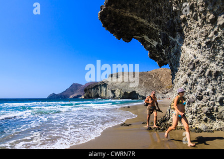 Tourists in Monsul Beach , Cabo de Gata natural park , Almeria, Andalusia, Spain Stock Photo