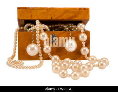 Pearl jewelry beads necklace earring in retro wooden box isolated on white Stock Photo