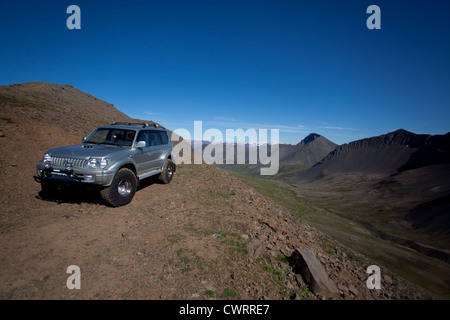 Highlands of Iceland and 4x4 car, Westfjords region, Europe Stock Photo