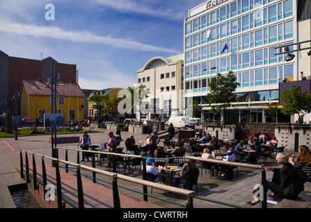 Ingólfstorg square, Reykjavik, Iceland, where geothermal energy is released through billowing steam vents Stock Photo