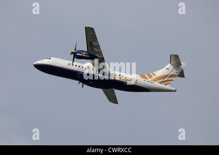 Blue Islands ATR 42 G-ZEBS take off at Manchester Airport Stock Photo