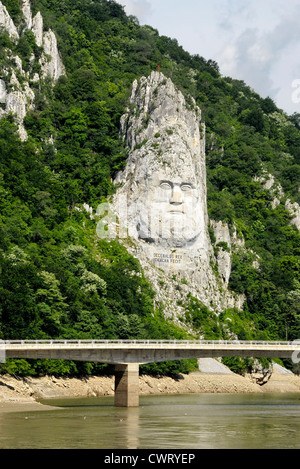 Decebalus Rex cliff carving in the Iron Gates gorge on the Danube River between Romania and Serbia Stock Photo