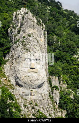 Decebalus Rex cliff carving in the Iron Gates gorge on the Danube River between Romania and Serbia Stock Photo