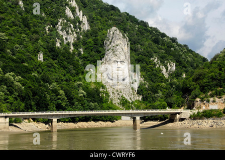 Decebalus Rex cliff carving in the Iron Gates gorge on the Danube River between Romania and Serbia Stock Photo