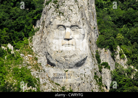 Decebalus Rex cliff carving in the Iron Gates gorge on the Danube River between Romania and Serbia Stock Photo