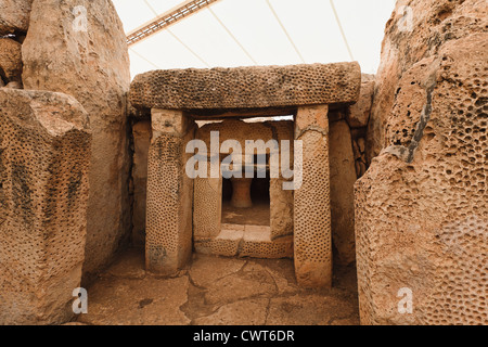 Mnajdra is a megalithic temple complex found on the southern coast of the Mediterranean island of Malta Stock Photo