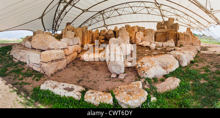 Mnajdra is a megalithic temple complex found on the southern coast of the Mediterranean island of Malta Stock Photo