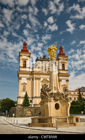 Virgin Mary Column and Annunciation Church in Šternberk, Olomoucký kraj, Czech Republic Stock Photo