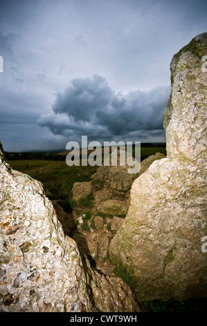 The Grey Mare and her Colts Neolithic chambered long barrow remains near Abbotsbury, Dorset, UK Stock Photo