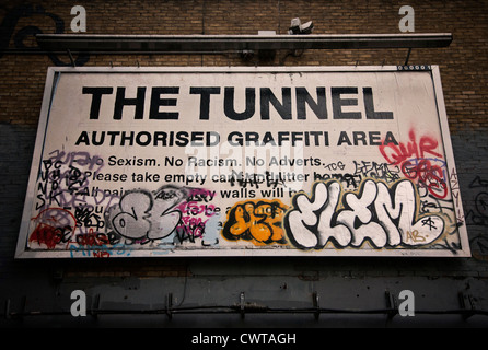 United Kingdom. England. London. Lambeth. Waterloo. Humorous sign on Leake Street underpass. 'The Tunnel Authorised graffiti area' Stock Photo