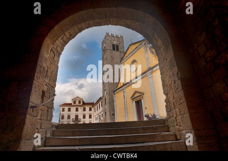 A view through a stepped archway of the church in the Istrian town of Motovun, Croatia Stock Photo