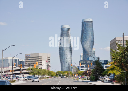 Award winning;The Absolute World Tower Condominiums Towers in Mississauga; Toronto;Ontario;Canada;aka:Marilyn Monroe Towers Stock Photo