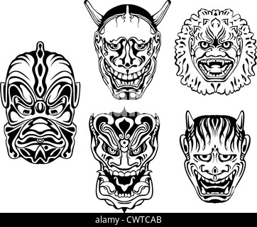 Japanese Demonic Noh Theatrical Masks. Set of black and white vector illustrations. Stock Photo
