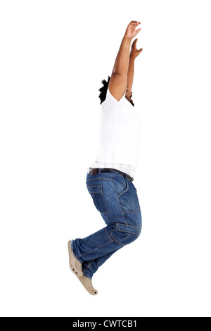 overweight african american man jumping over white Stock Photo
