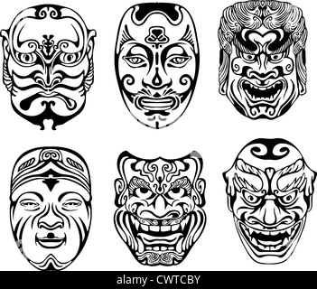 Japanese Nogaku Theatrical Masks. Set of black and white vector illustrations. Stock Photo