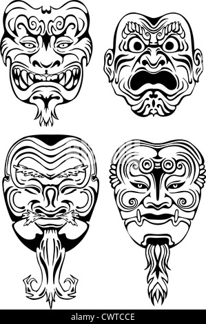Japanese Noh Theatrical Masks. Set of black and white vector illustrations. Stock Photo