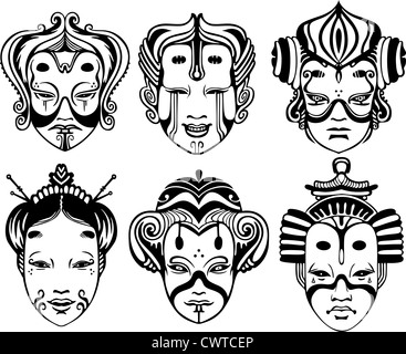 Japanese Tsure Noh Theatrical Masks. Set of black and white vector illustrations. Stock Photo