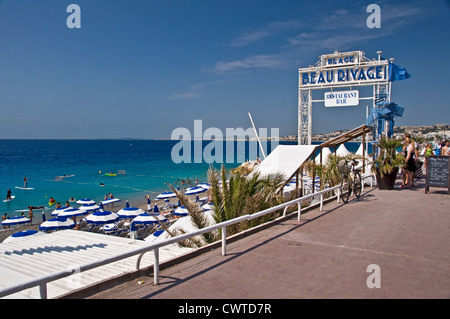 Beau Rivage private beach vintage sign on the Promenade des Anglais (english promenade) in Nice - France Stock Photo