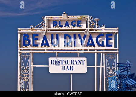 Beau Rivage private beach vintage sign on the Promenade des Anglais (english promenade) in Nice - France Stock Photo