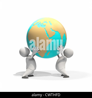 Two anthropomorphic figures lifting globe, CGI Stock Photo