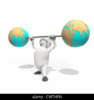 Anthropomorphic figure lifting weight with two globes, CGI Stock Photo