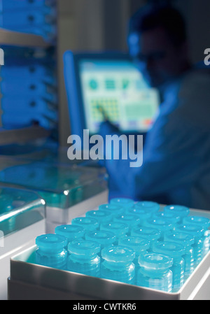 Scientist in laboratory working with cryogenics Stock Photo