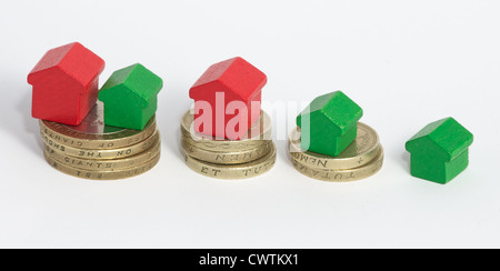 Monopoly houses stood on stacks of British one and two pound coins. SIgnifies that more money means more and bigger houses Stock Photo