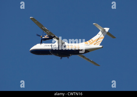 Blue Islands ATR 42 G-ZEBS take off at Manchester Airport Stock Photo