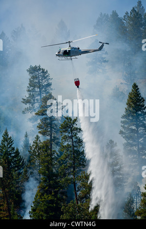 A firefighting helicopter drops water on a forest fire in western Montana, USA. Stock Photo