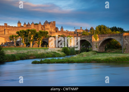 Setting sunlight over town of Carcassonne and River Aude, Languedoc-Roussillon, France Stock Photo