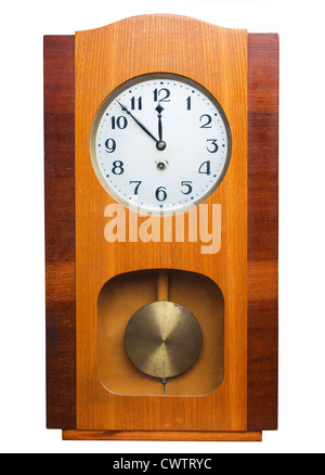 Old wooden wall clock isolated on white Stock Photo