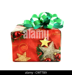 Christmas gift box with green bow isolated on white background Stock Photo