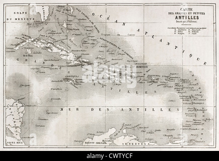Carte Géographique Ancienne Originale - Antilles, Bahama, Cuba, Haïti, Dominicaine - 1951