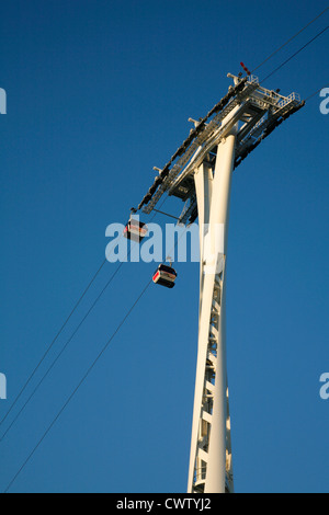 Emirates Air Line cable cars running across the River Thames from North Greenwich to Royal Victoria Dock, London, UK Stock Photo
