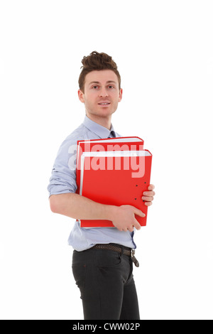 Young man with folders isolated on white background Stock Photo