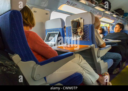 Paris, France, Women Passengers sitting, inside French TGV, Bullet Train, people on high speed train transportation, paris modern innovation Stock Photo