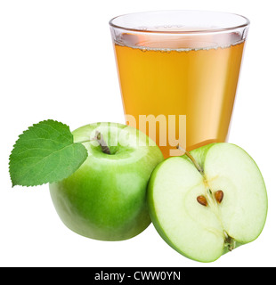 Apple juice with ripe apple on a white background. Stock Photo