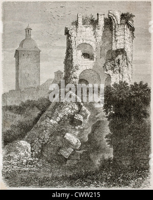 Collapsed tower in Heidelber castle, old view, Germany Stock Photo