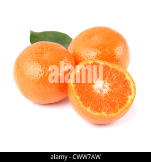 Fresh Orange Mandarins (Whole and Half) with Leaf Isolated on White Background in Studio Stock Photo