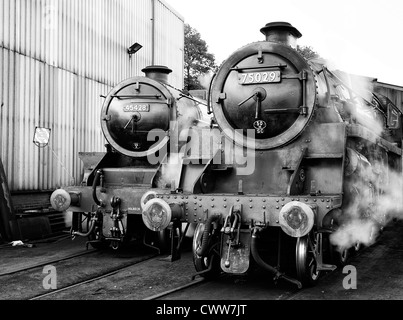 Steam engines Eric Treacy and the Green Knight Grosmont engine sheds on the North Yorkshire Moors railway Stock Photo