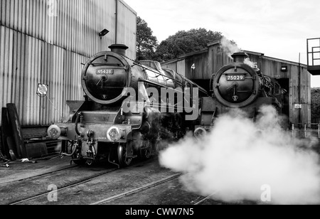 Steam engines Eric Treacy and the Green Knight Grosmont engine sheds on the North Yorkshire Moors railway Stock Photo