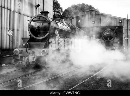 Steam engines Eric Treacy and the Green Knight at Grosmont engine sheds on the North Yorkshire Moors railway Stock Photo