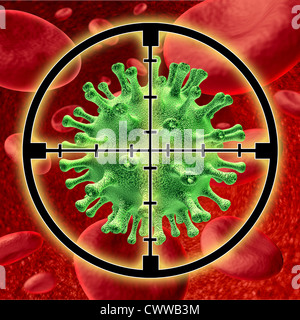 Killing a virus symbol represented by blood cells being attacked by a disease and targeted by crosshairs to cure the patient from the illness. Stock Photo