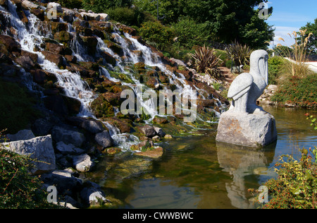 UK,Lincolnshire,Cleethorpes,Seafront,Waterfall,Pond & Pelican Sculpture Stock Photo