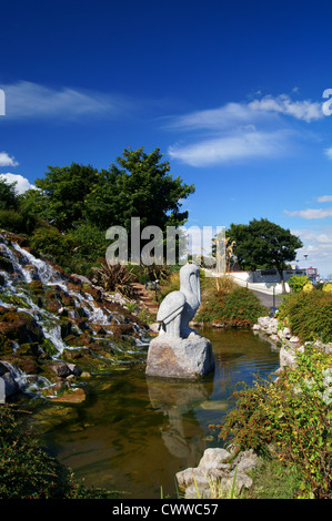 UK,Lincolnshire,Cleethorpes,Seafront,Waterfall,Pond & Pelican Sculpture Stock Photo