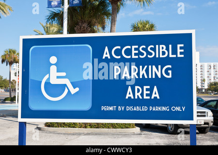 Sign for wheelchair accessible parking area in lot at Tropicana Field Stadium in St. Petersburg, Florida Stock Photo