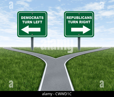 Democrats and Republicans election choices represented by a road that splits into two camps with the Democrat leaning to the left and the Republican party going right. Stock Photo