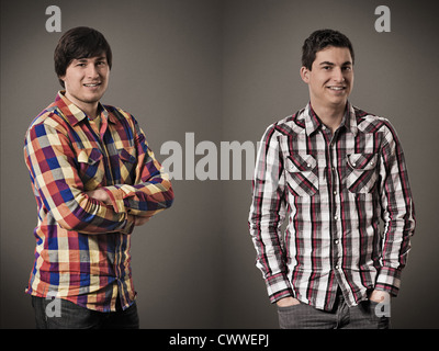 Studio portrait of smiling man with two cats Stock Photo - Alamy